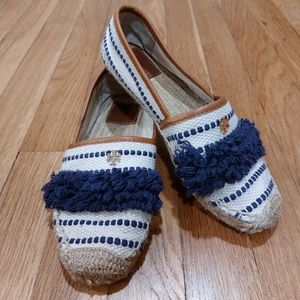 Tory Burch Shaw Fringe Espadrilles Size 5 Navy and Tan
